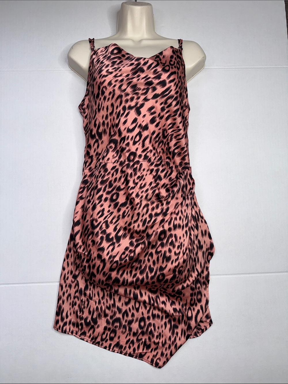 PrettyLittleThing Pink & Black Leopard Satin Slip Dress